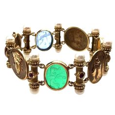 This Italian Designed Tagliamonte Bracelet Features 18k Yellow Gold Setting, Glass Intaglio Cameos, Gemstones, Ruby, And Pearl. Exudes Elegance And Sophistication, Excellent For Both Men And Women. Retail Value At 5k. 18k Yellow Gold Material Glass Intaglio Cameos Embellished With Ruby And Pearl Italian Designer Style Measures 7.5 Inches, Weighs 36.2 Grams Multicolor Design Suitable For Both Men And Women Vintage And Or Estate Jewelry Items. These Items Are Preowned Items And May Have Been Previ Yellow Gold Intaglio Bracelet For Formal Occasions, Formal Yellow Gold Intaglio Bracelets, Formal Yellow Gold Intaglio Bracelet, Formal Gold Bracelets With Intaglio, Elegant Yellow Gold Bracelet With Intaglio, Elegant Yellow Gold Bracelets With Intaglio, Elegant Yellow Gold Intaglio Bracelets, Elegant Gold Intaglio Bracelet, Elegant Yellow Gold Intaglio Bracelet