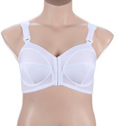 A new approach to support: this bra is Made of polyester, cotton, nylon and spandex. Sturdy wireless multi-part cups are unlined (unpadded) and have transversal and vertical seams for support and a decidedly conical shape. Stretch mesh panels above and below cups add breathable airflow and adaptable support for each breast. Sewn-on elastic underband keeps fit close. Hook-and-eye closure at center for convenience with soft backing for comfort. See our Size Chart for hook counts. Wide, center-pull Supportive Full Coverage Bra With Built-in Cups, White Push-up Nursing Bra With Removable Cups, White Underwire Nursing Bra With Removable Cups, White Nursing Bra With Removable Cups And Underwire, Fitted Sports Bra With Built-in Cups And Full Coverage, White Padded Fitted Sports Bra, Fitted White Sports Bra With Padded Cups, White Underwire Sports Bra, Fitted Full Coverage Nursing Bra With Built-in Cups