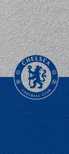 the chelsea football club logo on a blue and grey wallpaper with white trims