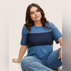 Condition: Brand New W/ Tags Worn?: No, Never Brand: Bloom Chic Color: Medium Blue Style: Crew Neck + Short Sleeves Design: Striped Patchwork Contrast Size: 3x (22-24) Bloom Chic, No Never, Womens Trendy Tops, Beige Style, Patch Work, Blue Style, Sleeve Detail, Trendy Tops, Sleeve Designs