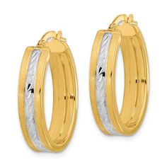 14k yellow gold and rhodium over 14k yellow gold diamond-cut, polished and satin hoop earrings. Measure approximately 7/8"L x 1/16"W and have wire and clutch closure. White Hoop Earrings, Medium Hoop Earrings, Accessories Jewelry Earrings, Fine Jewelry Gift, Selling Jewelry, Gold Material, White Diamond, Primary Color, Gold Diamond