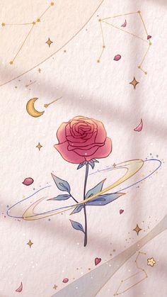 a pink rose on a white background with stars and crescents in the sky above it