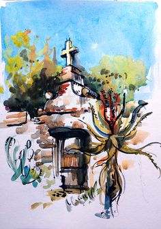 a painting of a church with trees in the foreground and a cactus on the far side