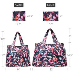 two bags with measurements for each bag and one has flowers on the front, while another is