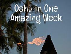 there is a clock tower with flames coming out of it and the words, oahunun one amazing week