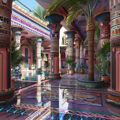 an artist's rendering of the inside of a building with columns and palm trees