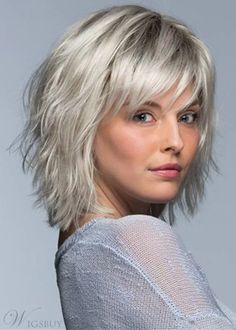 Short Layered Hairstyle Women's Gray Blonde Natural Straight Synthetic Hair Wigs | eBay Effortless Bob, Feathered Bangs, Kadeřnické Trendy, Short Shag Hairstyles, Fesyen Rambut, Choppy Bob Hairstyles, Hair Patterns, Tousled Waves, Vlasové Trendy