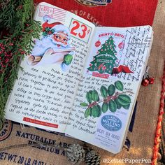 an open book with christmas stickers on it next to pine cones and evergreen branches