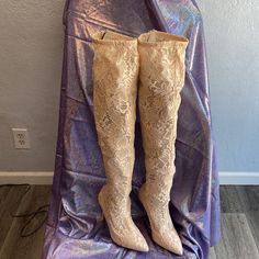 New Cupid Thigh High Cream Floral Lace Pattern Heel/Boot. Pointed Toe Silhouette, Back Zipper, 4 Inch Heel. Shaft Length Including Heel Is 25i Inches, Circumference At Top 15-16 Inches Stretched. Floral Lace Pattern, Heel Boot, 4 Inch Heels, Lace Pattern, Thigh High, Thigh Highs, Floral Lace, Heeled Boots, 4 Inch