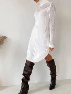 High Elasticity Turtleneck Regular Fit Long Sleeve Elegant Plain Sweater Short Dress White Knit Dress, Plain Sweaters, Pullover Mode, White Cotton Dress, Sweater Style, Sweater Collection, Daily Dress, Knit Midi Dress, Types Of Dresses