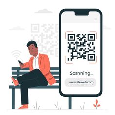 a man sitting on a bench next to a phone with a qr code on it