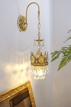 a gold chandelier hanging from the ceiling next to a mirror and potted plant