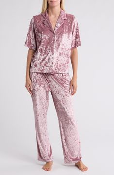 Crushed velvet enhances the luxuriously soft feel of this cozy pajama set including a boxy short-sleeve top and matching pants. Top has notched collar; short sleeves Pants have elastic waist 95% polyester, 5% spandex Machine wash, tumble dry Imported Adult Pajamas Party, Velvet Short, Bridesmaid Pyjamas, Adult Pajamas, Cozy Pajamas, Velvet Shorts, Pajama Party, Matching Pants, Sleepwear Robe