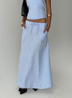 Carmino Maxi Skirt Blue Check Casual Blue Maxi Skirt, Casual Blue Cotton Maxi Skirt, Chic Blue Cotton Maxi Skirt, Non-stretch Blue Maxi Skirt, Maxi Skirt Blue, Blue Relaxed A-line Maxi Skirt, Midi Skirts Style, Blue Maxi, Spring Skirts