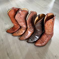 Listed are an assortment of vintage brown cowboy boots 1. sold  2. sold 3. sold 4. Dan Post - 10 EW 5. Frye - 8D (womens) Brown Vintage Cowboy Boots, Lorelai Gilmore Cowboy Boots, Surfer Cowboy, Thrift Bundle, Cowboy Copper, Brown Cowgirl Boots, Dan Post Boots, Brown Cowboy Boots, Cowboy Baby