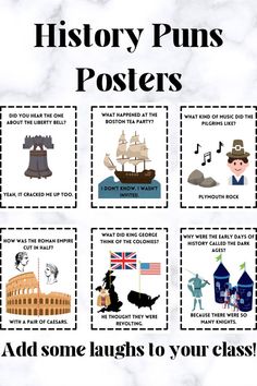 four different types of posters with the words history puns and pictures on them in black and white