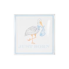 a glass plate with a stork holding a baby bottle