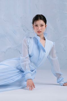 Women's Wind Shirt Long Sleeved Organza Midi Dress S/M/L Blue MEAN BLVD Chic Pleated Long Sleeve Dress For Winter, Winter Pleated Long Sleeve Dress, Elegant Pleated Midi Dress For Fall, Blue Long Sleeve Midi Dress With Pleated Sleeves, Elegant Long Sleeve Pleated Formal Dress, Long Sleeve Pleated Dress For Fall Office Wear, Elegant Long Sleeve Midi Dress With Folds, Chic Pleated Midi Dress With Folds, Winter Dresses With Pleated Long Sleeves