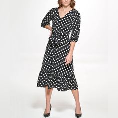 Perk Up Your Wardrobe With A Polka-Dotted Midi Dress From Karl Lagerfeld Paris, Styled With A Self-Tying Sash And A Flirty Flounced Hem. Approx. Model Height Is 5'10" And She Is Wearing A Size 6 Approx. 46-3/4" Long From Center Back Neck To Hem. Material: Polyester Pattern: Polka Dot Neckline: V-Neck Sleeve Style: Three Quarter Sleeve Length: Midi Brand New With Tag Measurements In Photos Polka Dot Midi Length Workwear Dresses, Polka Dot Midi Dress For Work, Polka Dot Midi Length Dresses For Work, Polka Dot Knee-length Workwear Dress, Spring Polka Dot Midi Dress For Work, Polka Dot Spring Workwear Dresses, Knee-length Polka Dot Workwear Dress, Knee-length Polka Dot Dress For Work, Polka Dot Dresses For Spring Workwear