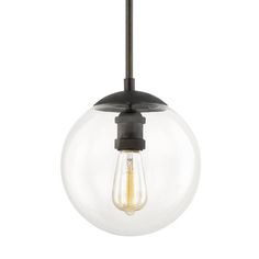 a light fixture with a glass globe hanging from it's end and an open bulb on