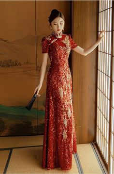 This is a stunning red cheongsam dress that is adorned with shimmering sequins and meticulously hand-beaded details. It features a fresh design while still preserving the traditional elements. It is suitable for various occasions such as wedding attire, formal events, and even as a hostess dress. Customization options are available. Size Chart: S： Chest-78-82cm,  Waist-59-63cm M:   Chest-82-86cm, Waist-63-67cm L:    Chest-86-90cm, Waist-67-72cm XL:  Chest-90-94cm, Waist- 71-75cm XXL: Chest-94-98 Chinese Wedding Cheongsam, Red Qipao Wedding, Red Formal Outfit, Chinese Style Prom Dress, Chinese Tea Ceremony Dress, Chinese Inspired Dress, Chinese Formal Dress, Chinese Dress Traditional, Chinese Wedding Dresses