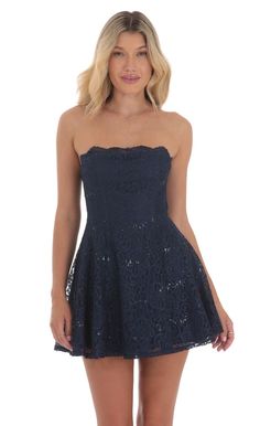 Lace Glitter Sequin Strapless Dress in Navy | LUCY IN THE SKY Navy Hoco Dress, Navy Blue Hoco Dress, Blue Hoco Dress, Thrift Manifest, Sequin Strapless Dress, Navy Homecoming Dress, Lace Dres, Starry Night Dress, Lace Clothing