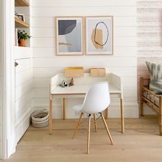 a white desk and chair in a room