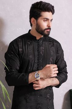 Kurta with Pajama Premium Blended Fabric  Color Black Italian Thread  Self Fabric Fabric Buttons Finest Stitch Branded Design Custom Sizes are also available. Black Bollywood Style Long Sleeve Bandhgala, Black Long Sleeve Bandhgala With Chikankari Embroidery, Black Unstitched Suit With Zari Work And Long Sleeves, Long Sleeve Jamawar Kurta For Eid, Semi-stitched Long Sleeve Kurta With Pallu, Black Straight Kurta With Pallu, Fitted Black Kurta With Self Design, Traditional Black Jamawar Kurta, Black Jamawar Kurta With Resham Embroidery