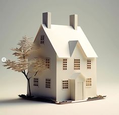 a white model house sitting on top of a table with a tree in front of it