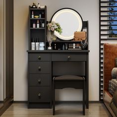 a dressing table with a mirror, stool and flowers on the top shelf next to it