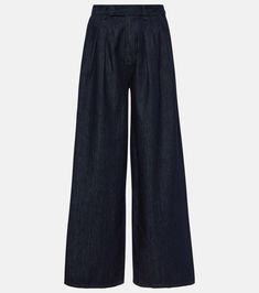 Nolan high-rise wide-leg jeans in blue - The Frankie Shop | Mytheresa Dark Wash Cotton Wide-leg Flare Jeans, Dark Wash Cotton Wide Leg Pants, Denim Wide Leg Pants For Work, Elegant Wide Leg Relaxed Fit Jeans, Modern Denim Blue Wide-leg Pants, Modern Wide-leg Denim Blue Pants, Cotton Wide Leg Flare Jeans With Belt Loops, Trendy Dark Wash Cotton Wide Leg Pants, Dark Wash Wide Leg Pants With Button Closure