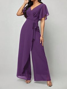 Butterfly Sleeve Wrap Belted Jumpsuit Purple Elegant  Short Sleeve Woven Fabric Plain Shirt Non-Stretch Summer Women Clothing, size features are:Bust: ,Length: ,Sleeve Length: Designer Overalls, Como Fazer Short, Purple Jumpsuit, Gaun Fashion, Belted Romper, Bridal Jumpsuit, Belt Jumpsuit, Designer Jumpsuits, Jumpsuit Elegant