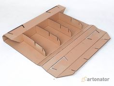 an open cardboard box sitting on top of a white surface with the lid partially closed