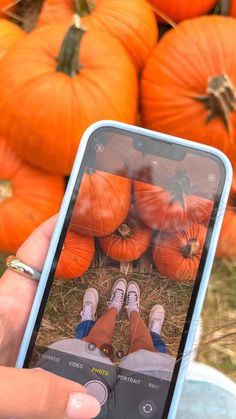 someone taking a photo of pumpkins in front of them with their cell phone,