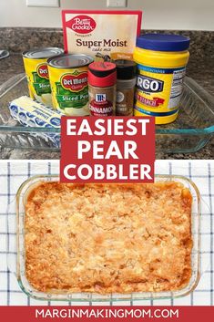 a casserole dish with the words easy peaster cobbler on it