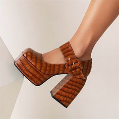 Shop Brown Chunky Platform Mary Janes Croc Prints Buckle Heels For Women color Brown for Big Day, Hanging out, Party with worldwide Free shipping & Free return. Buckle Heels, Platform Shoes Heels, Women Platform Shoes, Platform Mary Janes, Platform Stilettos, Heels For Women, Womens Summer Shoes, Super High Heels, Buckled Heels