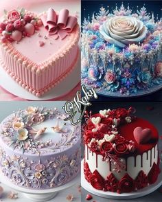 there are four cakes decorated with flowers and hearts