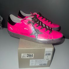 Hot Pink And Silver Glitter Star Golden Goose, Size 40, Brand New! Comes With Box, Ship Next Day! Fits Like 9/9.5 In Women’s! 100% Authentic! Sporty Pink Sneakers With Rhinestones, Pink Rhinestone Party Sneakers, Pink Sparkling Sneakers With Round Toe, Pink Low-top Sneakers With Glitter Accents, Pink Sporty Sneakers For Party, Trendy Pink Glitter Sneakers, Pink Glitter Sneakers For Party, Designer Low-top Sneakers For Party, Pink Party Sneakers With Glitter Accents