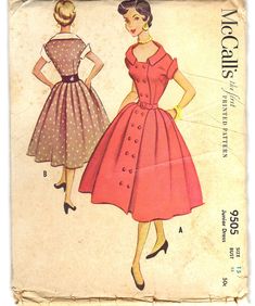 50s one-piece dress sewing pattern.  Size 15 Bust 33 inches This is a uncut pattern and complete.  The envelope shows some age, and discoloration.  All patterns are mailed in quality archival storage sleeves. Green Wedding Shoes Bride, Shoes Bride, 1950 Fashion, Cute Sewing Projects, Vintage Campers, Vintage Dress Patterns, 50s Dresses, Dress Sewing Pattern, Dress Sewing