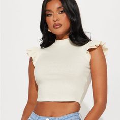 Fashionnova On The Clock Ruffle Top - Cream Size Medium Nwt Mock Neck Sleeveless Ruffle Detail Ribbed Stretch 55% Cotton 35% Polyester 10% Spandex Feminine Sleeveless Ruffle Crop Top, Feminine Sleeveless Ruffled Crop Top, Chic Stretch Ruffle Tank Top, White Stretch Tank Top With Ruffles, Trendy Ruffled Stretch Crop Top, Trendy Stretch Crop Top With Ruffles, Trendy Sleeveless Top With Ruffles, Trendy Sleeveless Ruffled Tops, Trendy Cotton Ruffle Tank Top