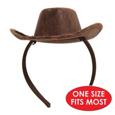 Highlights: attached to snap-on headband (1/package) UPC: 034689003038 Details: Wear this Cowboy Hat Headband to add the finishing touch to you Western Attire! attached to snap-on headband; You get a bulk pack of 12 in each full case you buy.This Cowboy Hat Headband is the perfect way to add a western flair to any costume or party. It attaches easily to a snap-on headband and is made of durable, lightweight plastic. The classic black, white, and brown design gives an authentic western look. This Adjustable Novelty Headband Costume Hats, Adjustable Novelty Costume Headband, Novelty Costume Accessories With Matching Headband, Adjustable Cotton Sweatband Headband, Adjustable Sweatband Headband, Adjustable Brown Headband Headpiece, Adjustable Brown Headband, Hat Headband, Brown Design