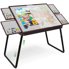 three tables with pictures on them sitting next to each other in front of a white background