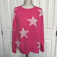 Nwt Size L Pink With White Stars Lightweight Sweater. Soo Soft And Stretchy! Dropped Shoulders. Oversized, Will Fit Xl. Length 26” Pit-Pit 25” See Fabric Description In Photo. Smoke And Pet Free Home. White Crew Neck Sweater With Star Print, Oversized Star Print Sweater, Oversized Grey Sweater, Plaid Pullover, Leopard Sweater, Leopard Print Sweater, Star Sweater, Lace Sweater, Pink Leopard Print