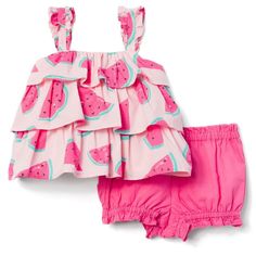 Beach Cotton Sets With Ruffles, Cotton Bloomers With Ruffles, Short Cotton Tops With Ruffles, Cotton Ruffled Bloomers For Playwear, Ruffled Bottoms For Summer Playtime, Summer Cotton Bloomers With Ruffles, Pink Ruffled Bloomers For Summer, Cute Ruffled Cotton Shorts, Ruffled Cotton Shorts For Vacation