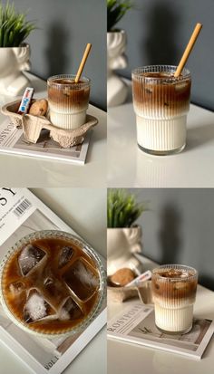 three different shots of ice tea on top of a magazine and in a glass cup