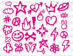 pink graffiti font and symbols on white background