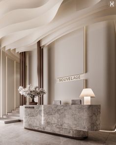 an elegant reception area with white walls and marble flooring, along with tall columns