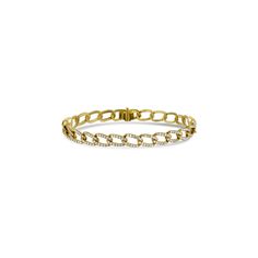 This gorgeous lavish glistening diamond link bracelet is set in luxurious 18K Yellow Gold. It has just under 2.5 carats of shimmering icicles. This will look ravishing on its own or stacked with other bracelets. Elegant Cuban Link Bracelet With Cubic Zirconia, Elegant Diamond-cut Cuban Link Diamond Bracelet, Elegant Cuban Link Diamond Bracelet With Diamond Cut, Elegant Cuban Link Bracelet With Oval Links, Elegant Cuban Link Bracelet, Elegant Chain Link Tennis Bracelet, Diamond Chain Link Bracelets In Fine Jewelry Style, Elegant Cubic Zirconia Tennis Bracelet With Chain, Elegant Diamond Bracelet With Chain Link