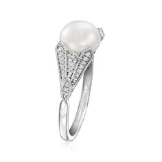 Ross-Simons - 8-8.5mm Cultured Pearl, .10ct t. w. Diamond Ring in Silver. Size 9. Borrowing a beautiful vintage aesthetic, this sophisticated ring features an 8-8.5mm cultured freshwater pearl between .10 ct. t. w. round diamond-studded sides. Crafted in polished sterling silver with milgrain details that add an extra touch of elegance. 1/4" wide. Diamond and white pearl ring. Pearl birthstones are the perfect gift for June birthdays. White Pearl Ring, Pearl Birthstone, Ring Pearl, Pearl And Diamond Ring, Vintage Aesthetic, Pearl Ring, White Pearl, Cultured Pearls, Diamond Studs