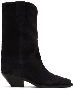 Calf-high paneled suede boots in black. · Pointed toe · Pull-loops at collar · Calfskin lining · Stacked leather heel with rubber injection · Leather sole · Heel: H2 in Supplier color: Faded black Suede Boots, Boot Shoes Women, Isabel Marant, Leather Heels, Cowboy Boots, Calf Skin, Apparel Accessories, Shoe Boots, Cowboy